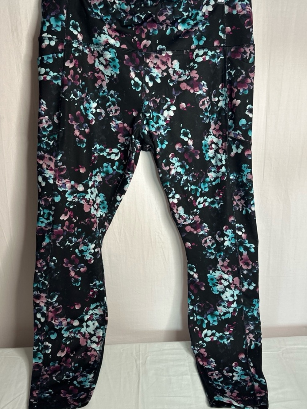Avia Black Leggings with Teal & Purple Floral Print